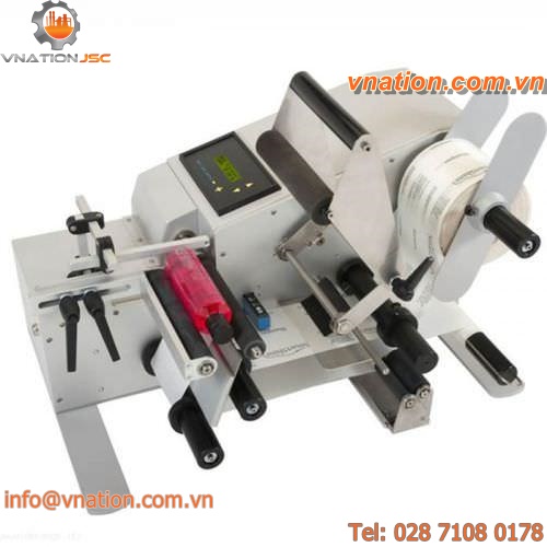 self-adhesive label labelling machine / for cylindrical products / bottle / semi-automatic