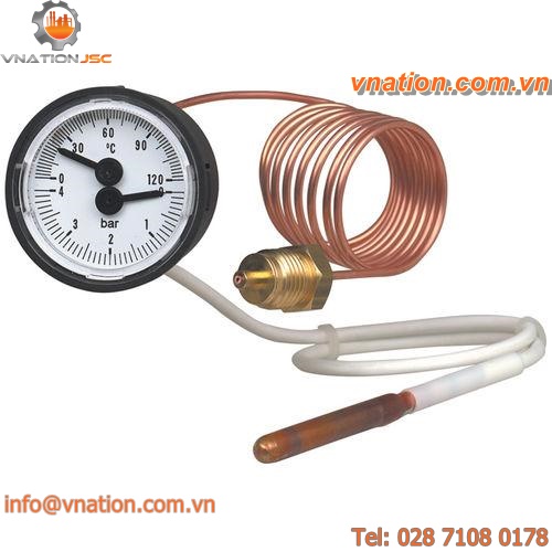 pressure gauge and thermometer / Bourdon tube / dial / for hot water / process
